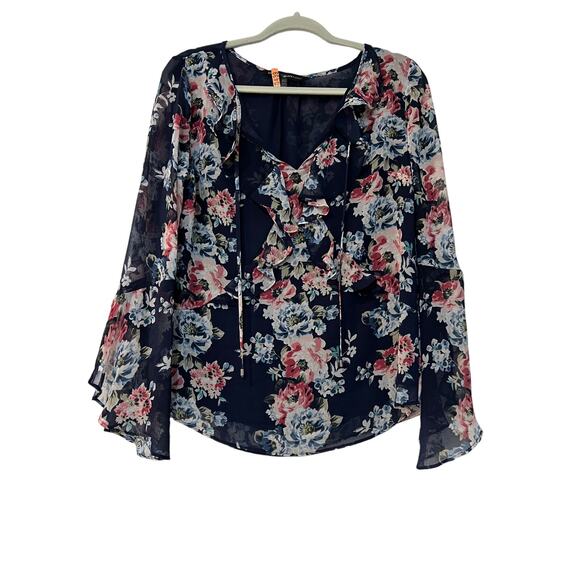 White House Black Market Tops - White House Black Market Size 10 Lined Top Blue Floral Long Sleeve Boho Chic